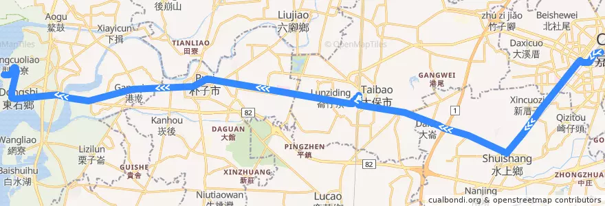 Mapa del recorrido 公路客運 7206H: 嘉義→塭港(繞駛嘉義高鐵, 往程) de la línea  en Condado de Chiayi.