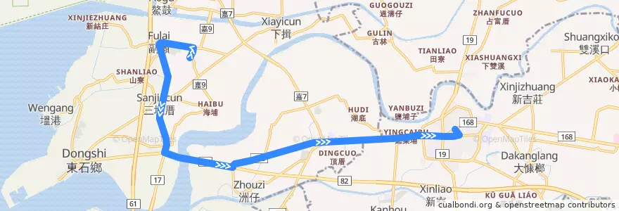 Mapa del recorrido 公路客運 7228: 港墘厝→朴子(返程) de la línea  en Condado de Chiayi.