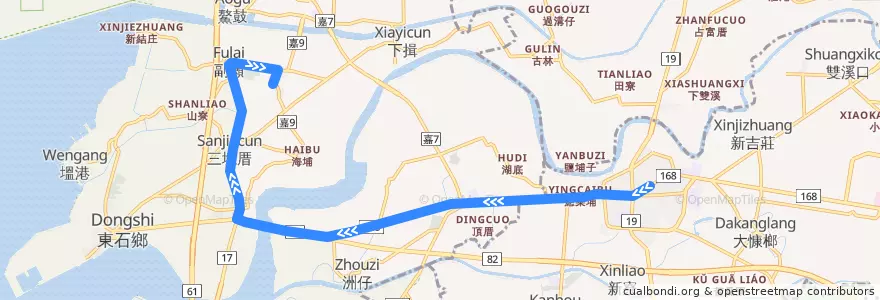 Mapa del recorrido 公路客運 7228: 朴子→港墘厝(往程) de la línea  en Condado de Chiayi.