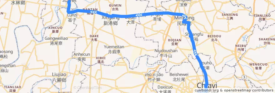 Mapa del recorrido 公路客運 7202C: 嘉義→北港(經民雄, 繞駛吳鳯科技大學, 往程) de la línea  en 嘉義縣.