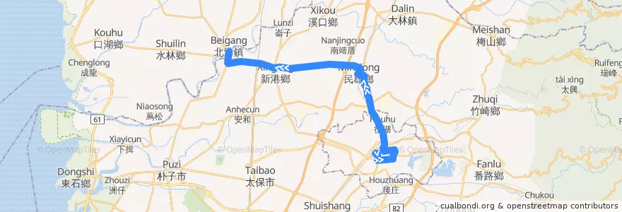 Mapa del recorrido 公路客運 7202B: 嘉義→北港(經民雄, 經嘉義市學區, 往程) de la línea  en Comté de Chiayi.