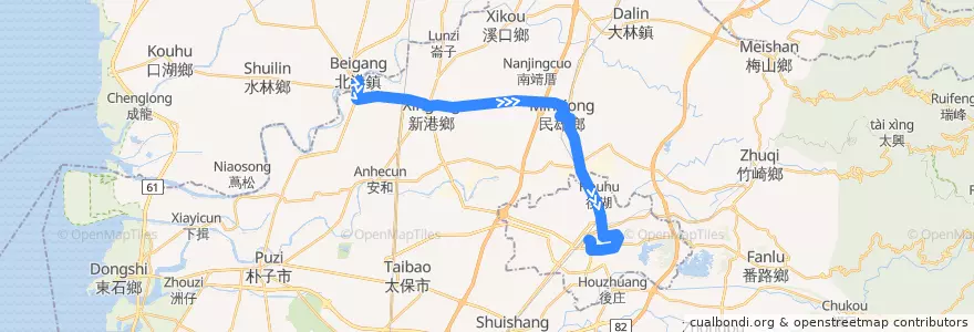 Mapa del recorrido 公路客運 7202A: 北港→嘉義(經民雄, 經嘉義市區, 返程) de la línea  en Chiayi County.