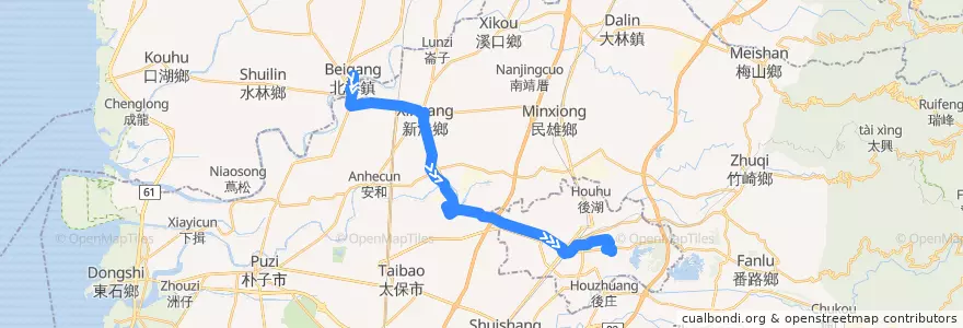 Mapa del recorrido 公路客運 7325: 北港→嘉義(返程) de la línea  en مقاطعة شياي.