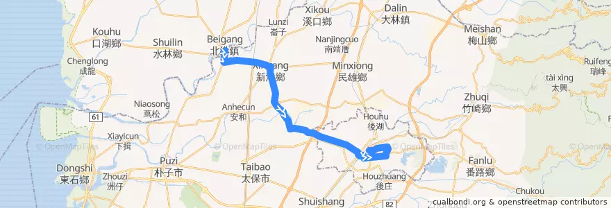 Mapa del recorrido 公路客運 7201A: 北港→嘉義(經月眉潭, 經嘉義市學區, 返程) de la línea  en Contea di Chiayi.