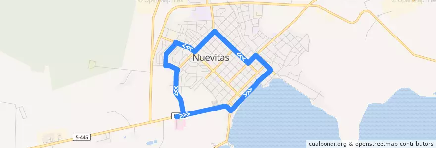 Mapa del recorrido Ruta 1 (Micro Distrito 2 - Hospital - Casco Viejo - Cantarrana) de la línea  en Ciudad de Nuevitas.
