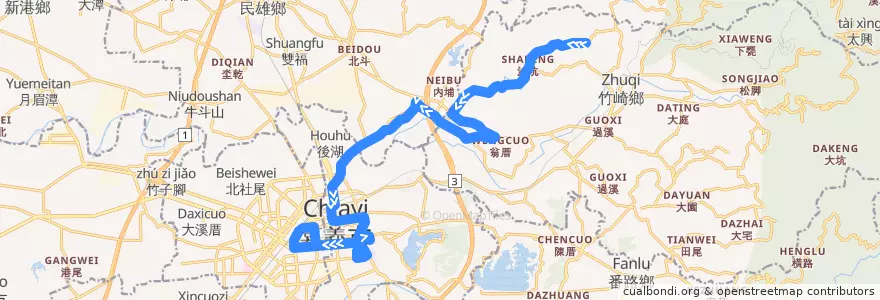 Mapa del recorrido 公路客運 7305A: 檳榔宅→嘉義(繞駛嘉義市學區, 返程) de la línea  en Condado de Chiayi.