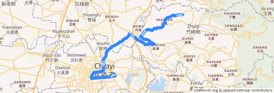 Mapa del recorrido 公路客運 7305: 檳榔宅→嘉義(返程) de la línea  en 嘉義縣.