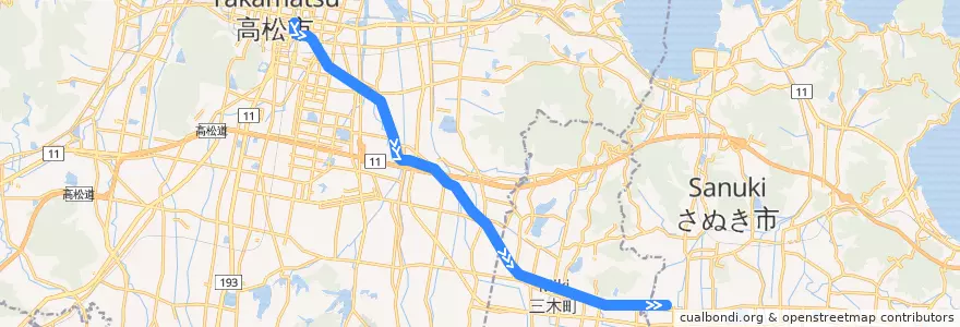 Mapa del recorrido 高松琴平電気鉄道長尾線 de la línea  en 가가와현.