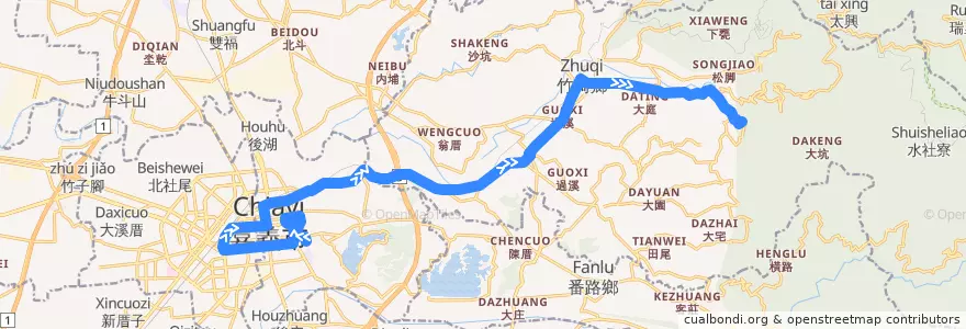 Mapa del recorrido 公路客運 7312A: 嘉義→溪心寮(繞駛嘉義市學區, 往程) de la línea  en Condado de Chiayi.