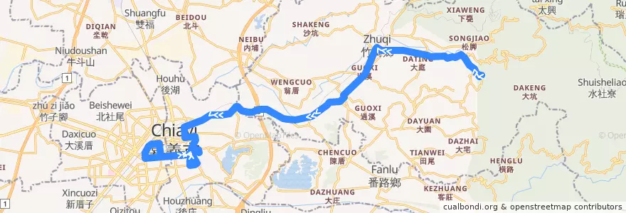 Mapa del recorrido 公路客運 7312A: 溪心寮→嘉義(繞駛嘉義市學區, 返程) de la línea  en مقاطعة شياي.