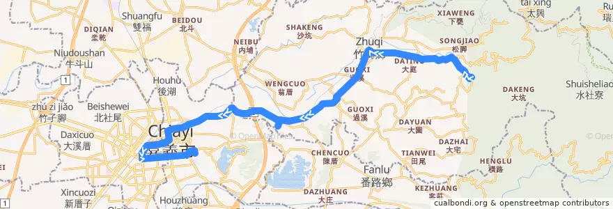 Mapa del recorrido 公路客運 7312B: 溪心寮→嘉義(繞駛灣橋分院, 返程) de la línea  en 嘉義縣.