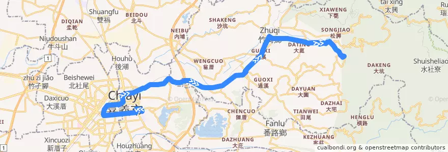 Mapa del recorrido 公路客運 7312: 嘉義→溪心寮(往程) de la línea  en 嘉義縣.