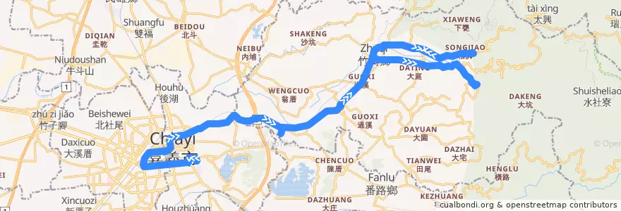 Mapa del recorrido 公路客運 7313A: 嘉義→溪心寮(經松腳, 繞駛灣橋分院, 往程) de la línea  en Comté de Chiayi.