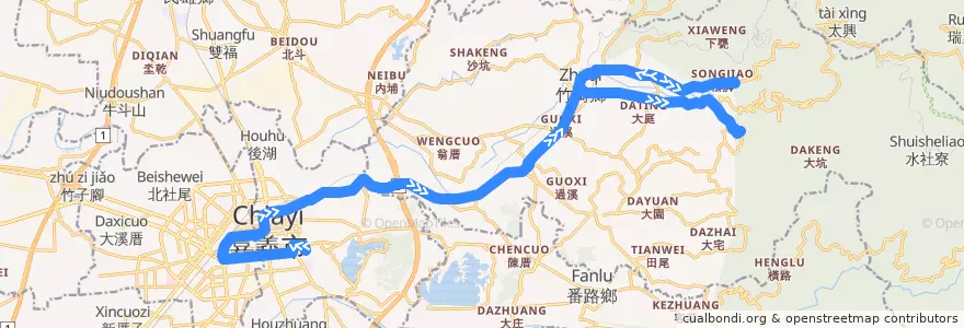 Mapa del recorrido 公路客運 7313: 嘉義→溪心寮(經松腳, 往程) de la línea  en 嘉義縣.