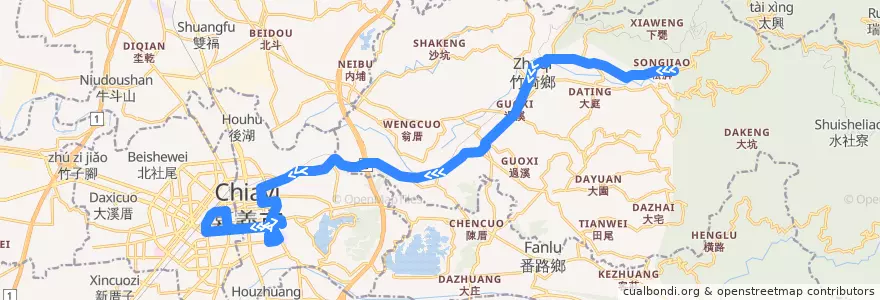 Mapa del recorrido 公路客運 7321B: 松腳→嘉義(繞駛嘉義市學區, 返程) de la línea  en 嘉義縣.