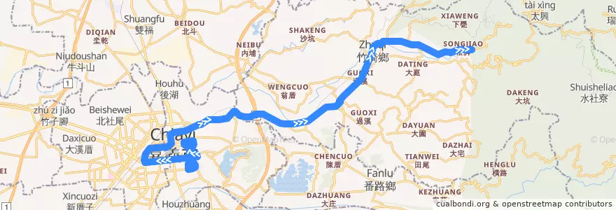 Mapa del recorrido 公路客運 7321B: 嘉義→松腳(繞駛嘉義市學區, 往程) de la línea  en مقاطعة شياي.