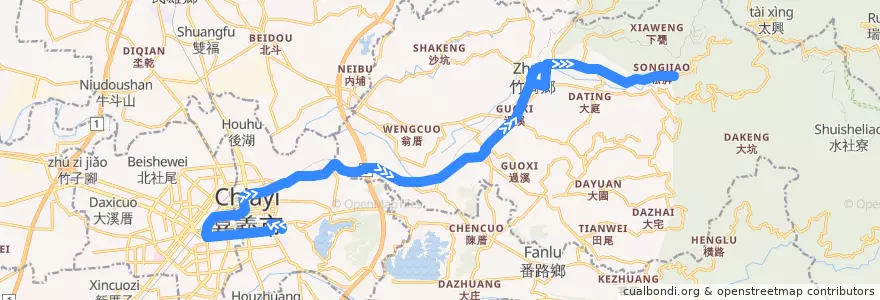 Mapa del recorrido 公路客運 7321A: 嘉義→松腳(繞駛竹崎高中, 往程) de la línea  en مقاطعة شياي.