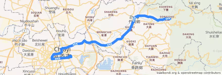 Mapa del recorrido 公路客運 7321: 松腳→嘉義(返程) de la línea  en 嘉義縣.