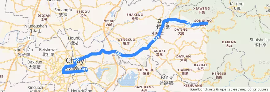 Mapa del recorrido 公路客運 7321: 嘉義→松腳(往程) de la línea  en Condado de Chiayi.