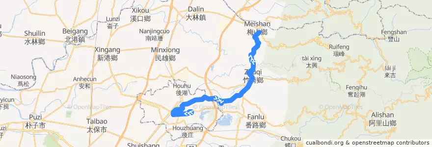 Mapa del recorrido 公路客運 7323D: 嘉義→梅山(經竹崎, 繞駛灣橋分院, 往程) de la línea  en 嘉義縣.
