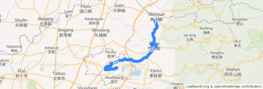 Mapa del recorrido 公路客運 7323B: 梅山→嘉義(經竹崎, 繞駛內埔, 返程) de la línea  en Condado de Chiayi.