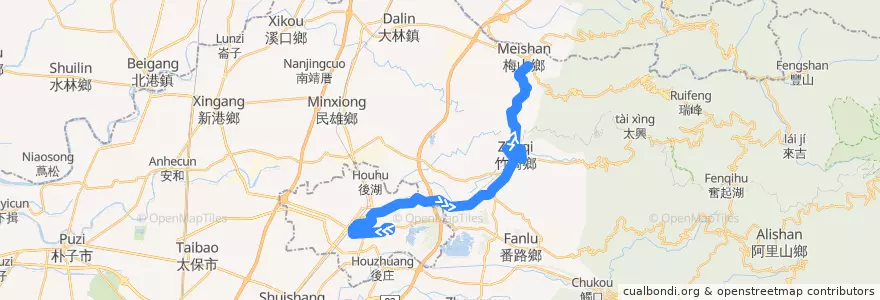 Mapa del recorrido 公路客運 7323B: 嘉義→梅山(經竹崎, 繞駛竹崎高中, 往程) de la línea  en مقاطعة شياي.