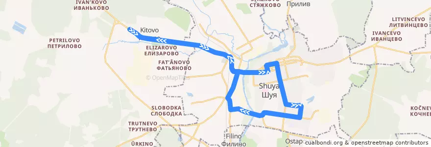Mapa del recorrido Автобус №3: Китово - Педуниверситет de la línea  en Shuya.