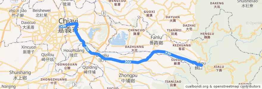 Mapa del recorrido 公路客運 7216A: 嘉義→觸口(經嘉義市學區, 往程) de la línea  en Condado de Chiayi.