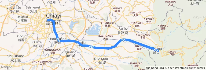 Mapa del recorrido 公路客運 7216: 觸口→嘉義(返程) de la línea  en مقاطعة شياي.