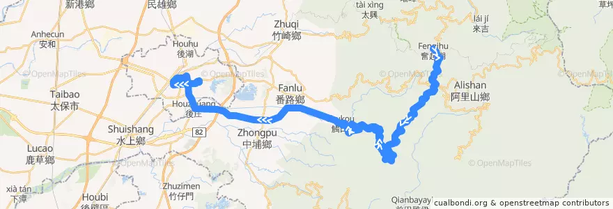 Mapa del recorrido 公路客運 7302: 奮起湖→嘉義(返程) de la línea  en مقاطعة شياي.