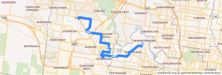 Mapa del recorrido Bus 408: Highpoint Shopping Centre => Sunshine Station => St Albans Station de la línea  en Victoria.