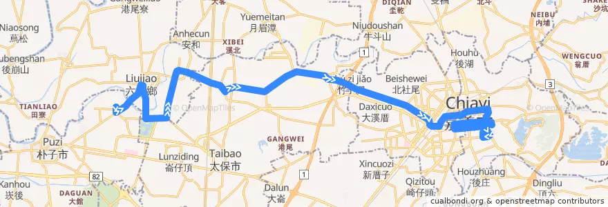 Mapa del recorrido 公路客運 7320B: 雙溪口→嘉義(繞駛嘉義高工, 返程) de la línea  en Comté de Chiayi.