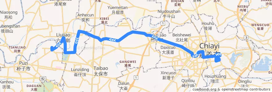Mapa del recorrido 公路客運 7320B: 嘉義→雙溪口(繞駛嘉義高工, 往程) de la línea  en Цзяи.