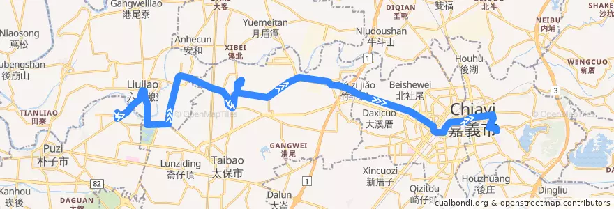 Mapa del recorrido 公路客運 7320A: 雙溪口→嘉義(繞駛勞工社區、新埤國小, 返程) de la línea  en Contea di Chiayi.