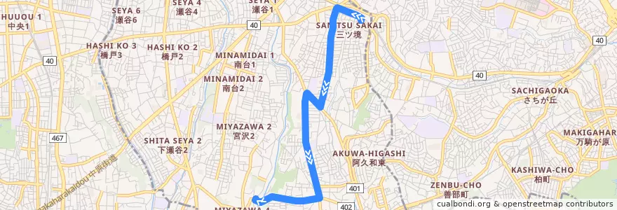 Mapa del recorrido 神奈中バス 境11系統(三ツ境駅→宮沢) de la línea  en Йокогама.