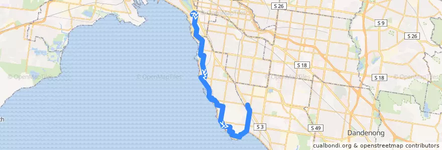 Mapa del recorrido Bus 923: St Kilda Station => Brighton Beach & Beach Road => Southland SC de la línea  en ビクトリア.
