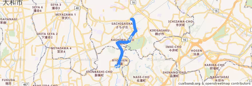 Mapa del recorrido 旭19: 緑園都市駅 → 二俣川駅南口 de la línea  en Yokohama.