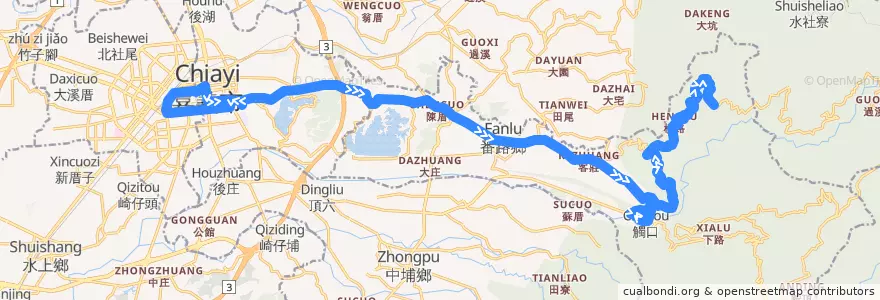 Mapa del recorrido 公路客運 7318A: 嘉義→大湖(經埔尾, 繞駛黎明國小, 往程) de la línea  en 嘉義県.