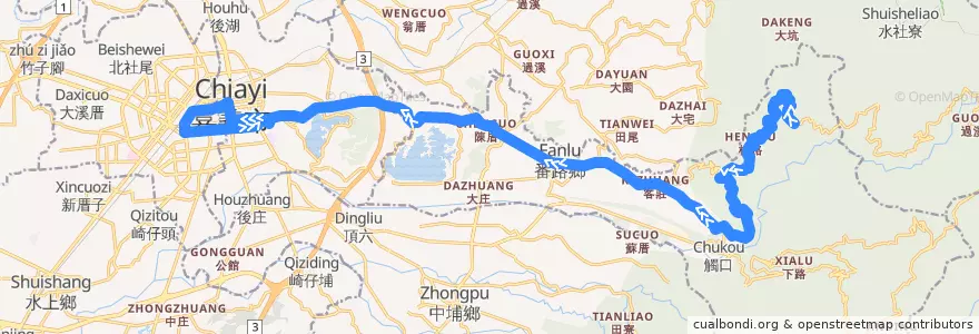 Mapa del recorrido 公路客運 7318: 大湖→嘉義(經埔尾, 往程) de la línea  en 嘉義縣.