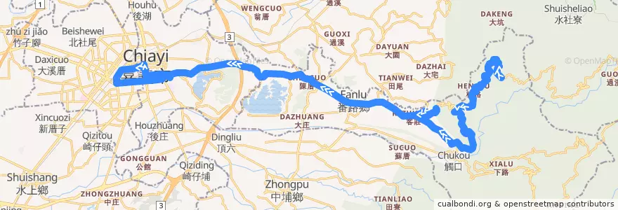 Mapa del recorrido 公路客運 7317: 大湖→嘉義(經半天岩, 往程) de la línea  en Chiayi County.
