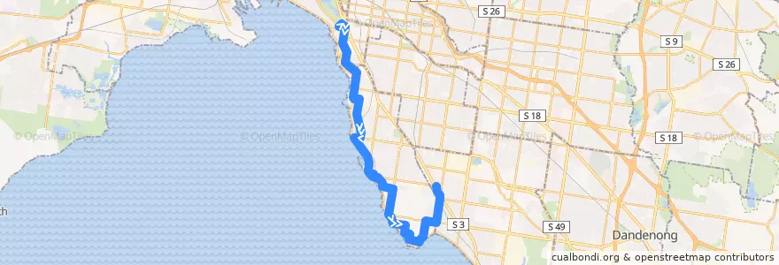 Mapa del recorrido Bus 600: St Kilda Station => Brighton Beach & Tramway Parade => Southland SC de la línea  en ولاية فيكتوريا.