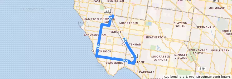 Mapa del recorrido Bus 825: Southland => Mentone & Black Rock => Moorabbin de la línea  en ビクトリア.