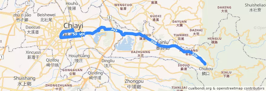 Mapa del recorrido 公路客運 7311: 嘉義→埔尾(往程) de la línea  en Landkreis Chiayi.