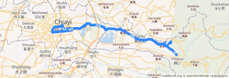 Mapa del recorrido 公路客運 7311A: 嘉義→埔尾(繞駛半天岩, 往程) de la línea  en Condado de Chiayi.