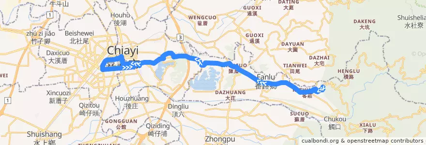 Mapa del recorrido 公路客運 7308: 半天岩→嘉義(往程) de la línea  en مقاطعة شياي.
