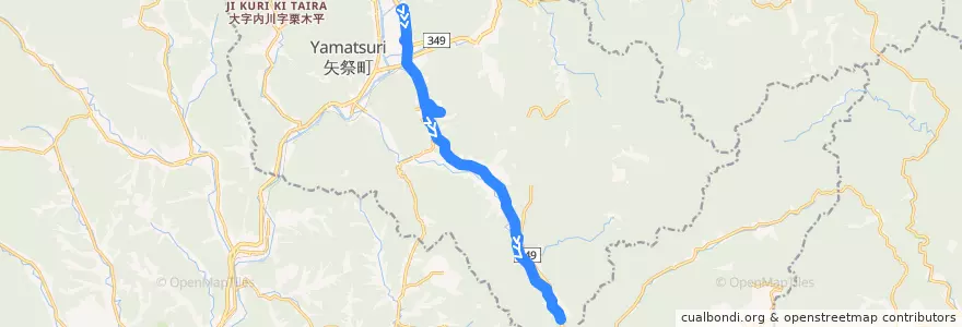 Mapa del recorrido 福島交通バス 矢祭中学校⇒矢祭ニュータウン⇒大垬明神 de la línea  en Ямацури.