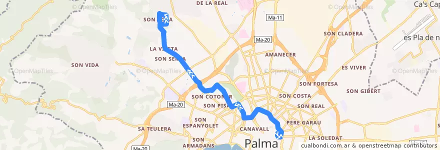 Mapa del recorrido Bus 8: Sindicat → Son Roca de la línea  en Palma.
