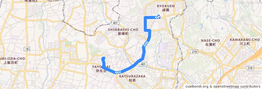 Mapa del recorrido 弥01: 緑園都市駅 → 弥生台駅 de la línea  en 泉区.