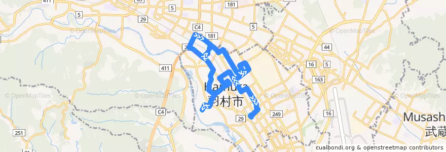 Mapa del recorrido 小作コース（内廻り） de la línea  en Hamura.
