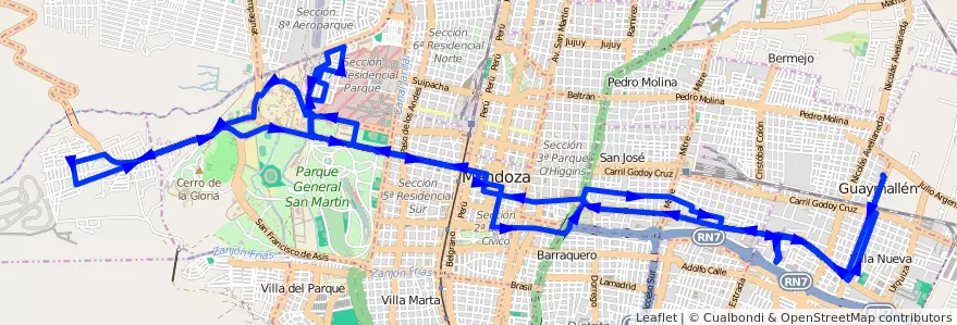 Mapa del recorrido 112 - B° La Favorita - Hospital Notti de la línea G03 en Mendoza.